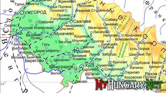 Жители следующих населенных пунктов Закарпатской области Украины имеют право получить венгерскую карточку малого пограничного движения согласно общих условий.