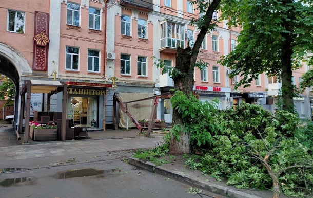 В Полтаве ветер сбил дерево на летней площадке одного из кафе. Запорожье и Николаев затоплены ливнями.