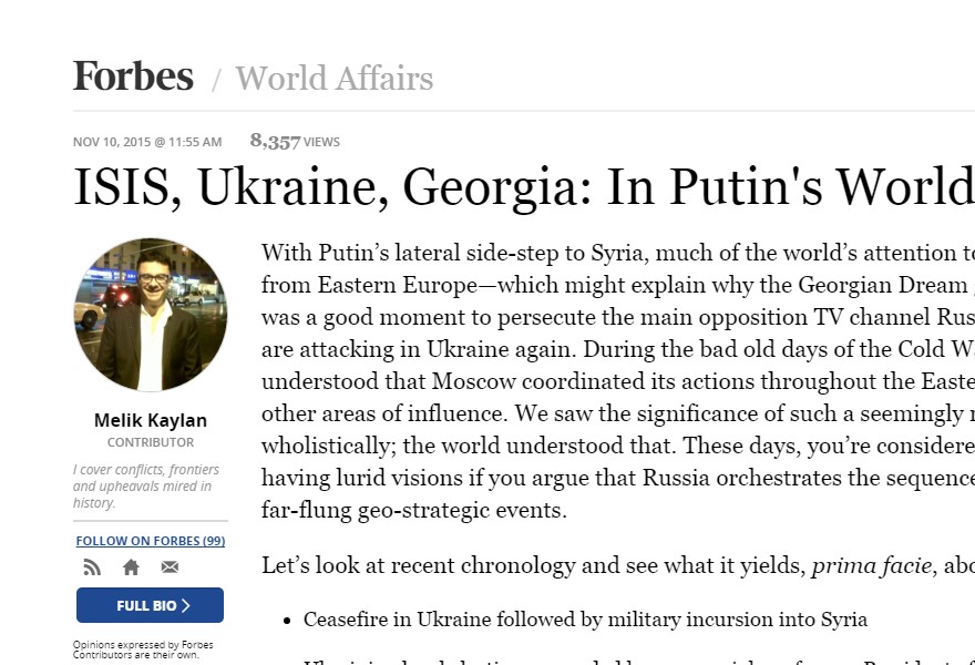 Журнал Forbes опубликовал статью Меліка Кейлана о принцип работы геполитической машины Кремля, в которой события в Сирии, Украине или Грузии имеют весьма важную взаимосвязь.