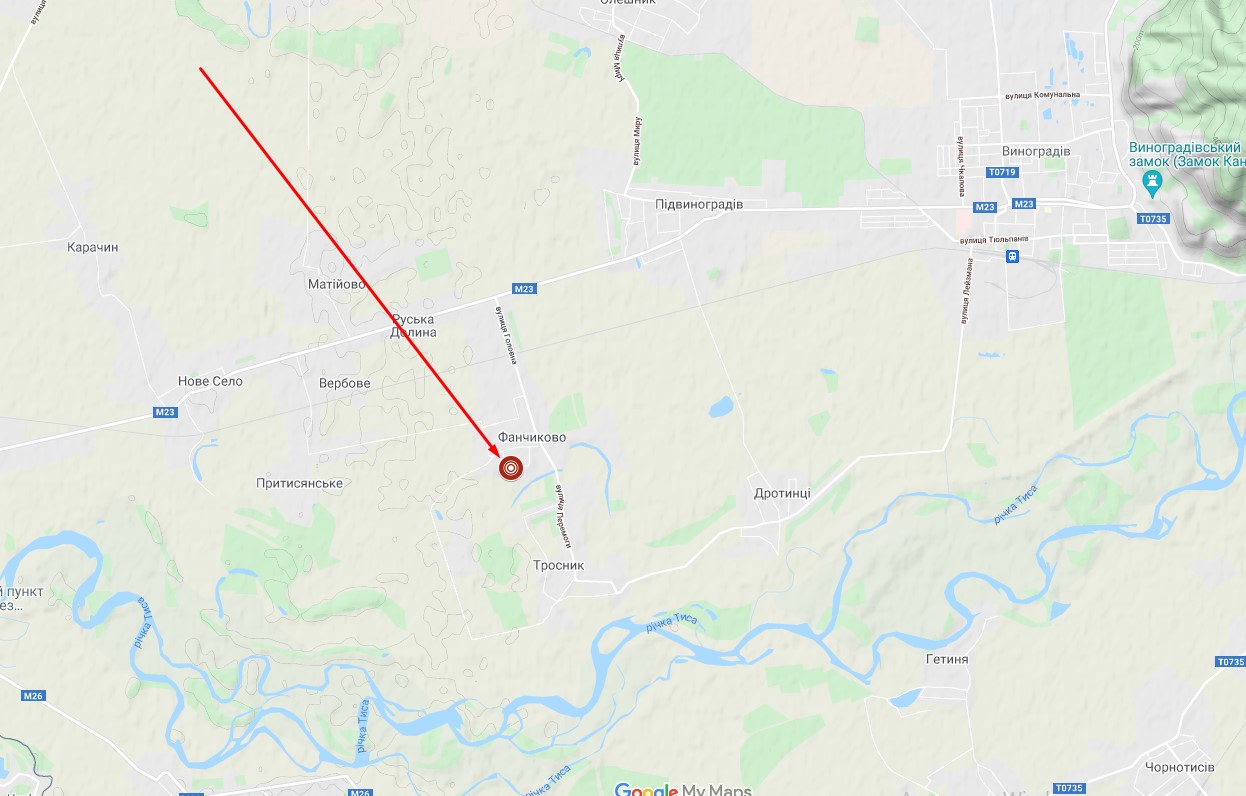 Сайт державного космічного агентства України оприлюднив карту епіцентру сьогоднішнього епіцентру землетрусу у Виноградові.