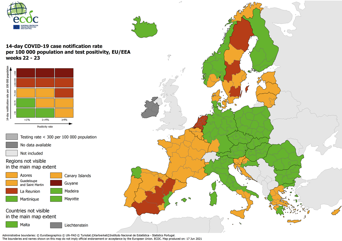 Половина стран ЕС и Европейской экономической зоны находятся в «зеленой зоне» из-за ситуации с коронавирусом.