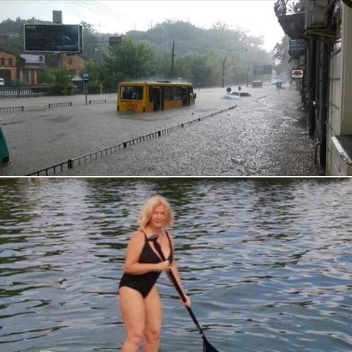 В соцмережах з'явились фотожаби на сьогоднішню зливу в західних областях та відпочинок Ірини Геращенко.