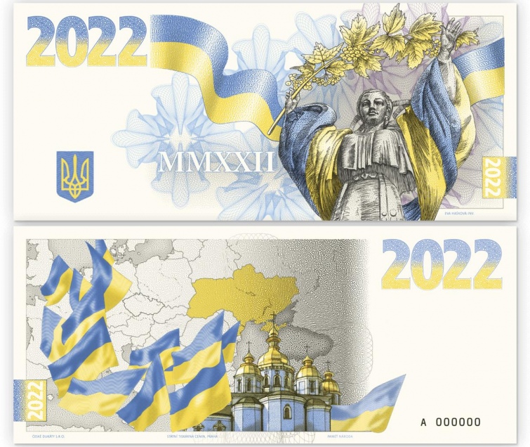 В Чехии компания České dukáty выпустила коллекционную банкноту Sláva Ukraině в поддержку Украины.