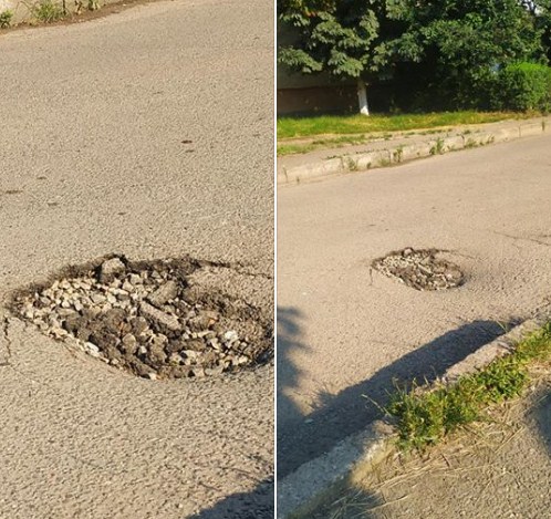 Провал на улице Корятовича представляет опасность для транспортных средств.