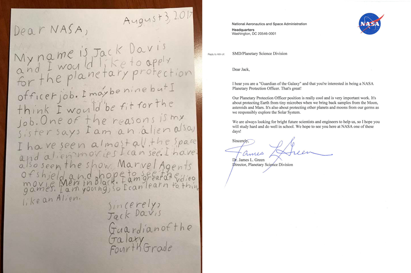 Дев'ятирічний Джейк Девіс написав лист в Національне управління з аеронавтики і дослідженню космічного простору (НАСА США) про бажання влаштуватися до них на роботу.