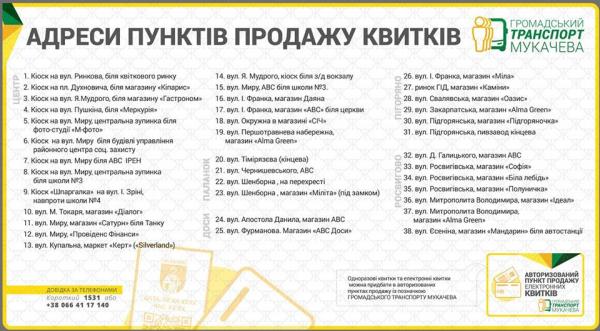 Як повідомляє Мукачівська міська рада, у місті відкрили 38 пунктів продажу електронних квитків, які дадуть право проїзду на новому громадському транспорті.